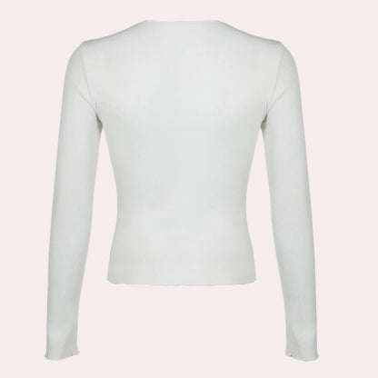 Belro simple long sleeve women's top, shown in a neutral color, with a relaxed fit and crew neckline, perfect for casual wear.