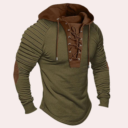 Belro modern men's sweatshirt with hood and lace-up closure, casual activewear clothing displayed on a model.