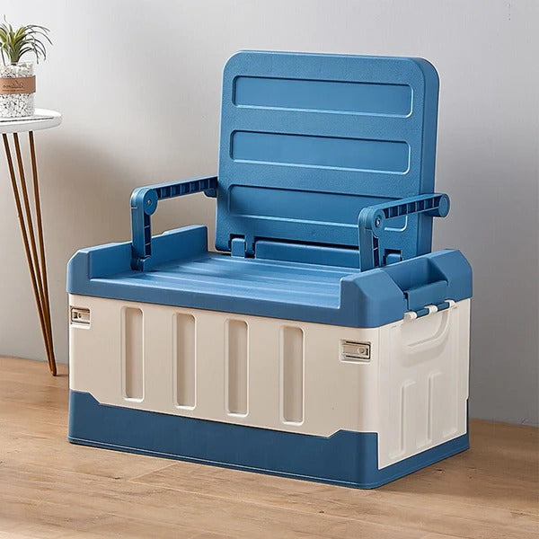 Belro collapsible trunk storage bin with seat, spacious indoor/outdoor ottoman in neutral fabric and sturdy design.