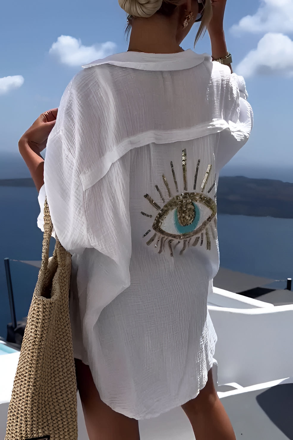 Belro evil eye shirt with sequin bead embellishments, stylish clothing featuring vibrant patterns and intricate detailing.