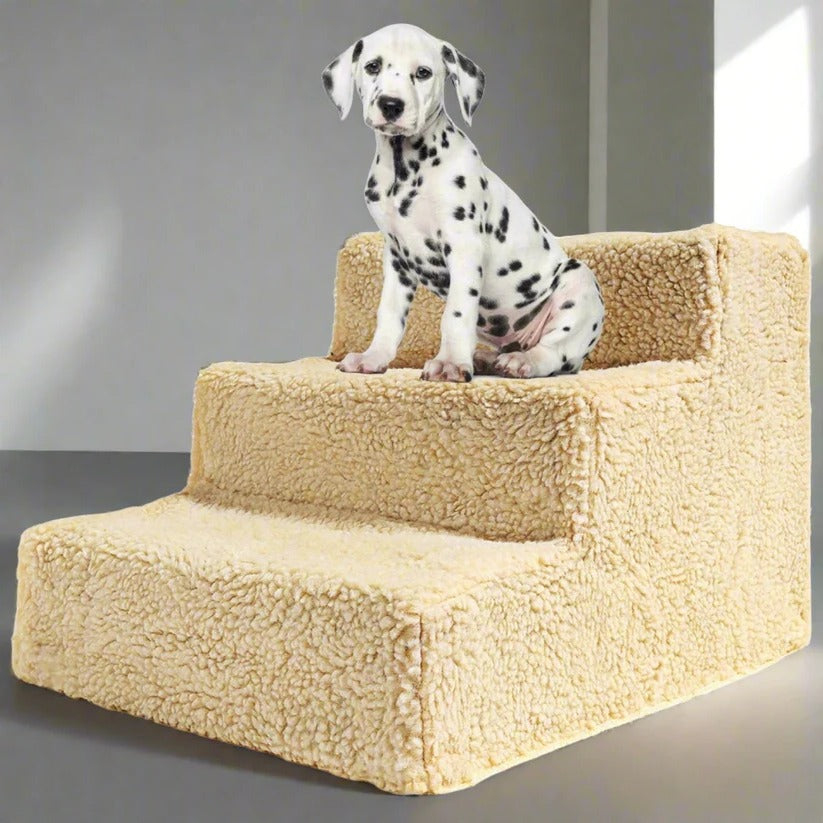 Belro 3-step portable dog stairs for tall beds, lightweight pet steps for small to medium dogs, with non-slip surfaces.