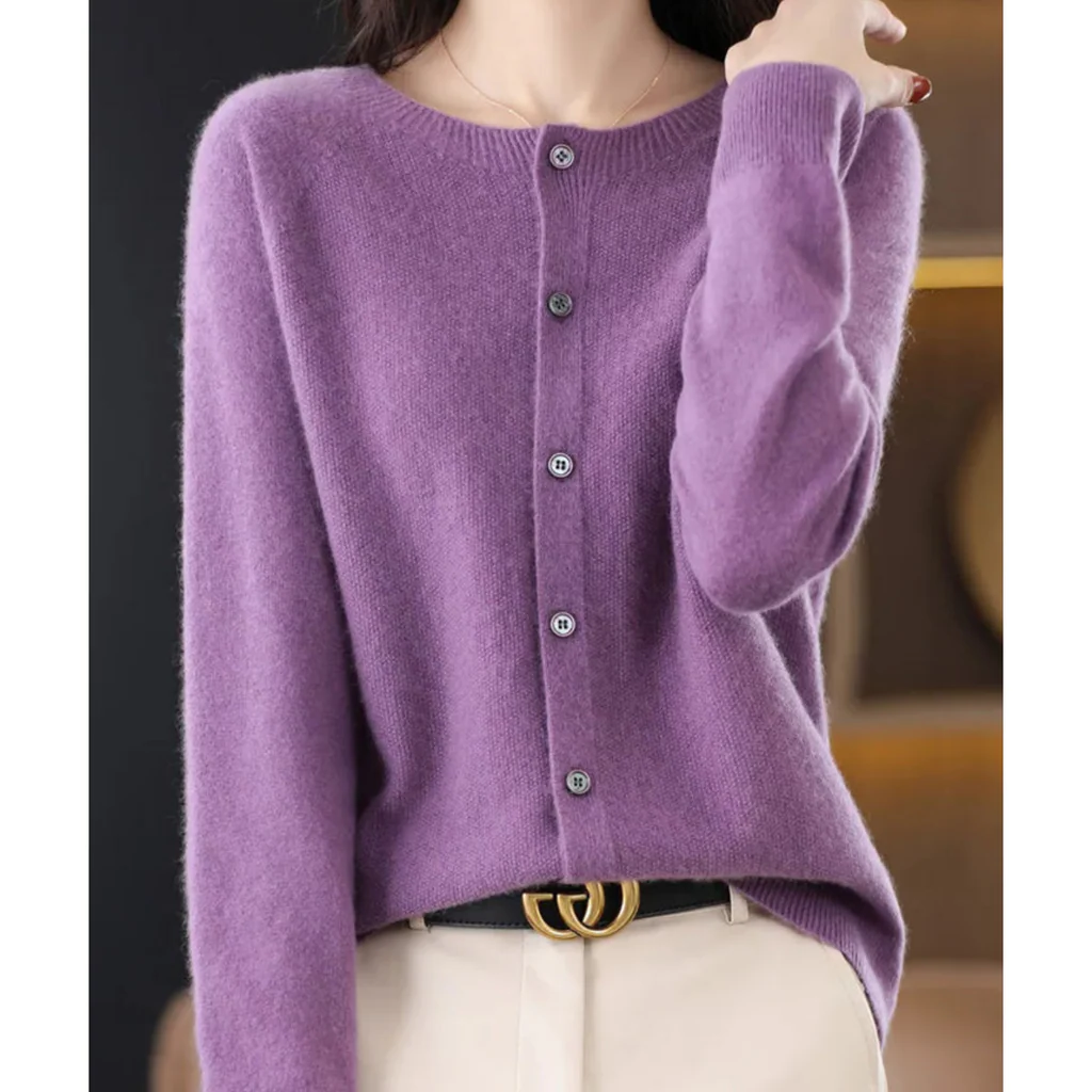 Belro women's round neck cardigan sweater, featuring a stylish automotive-inspired design, displayed on a mannequin.