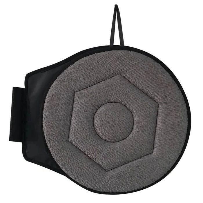 Belro 360 rotating seat cushion in use, showing ergonomic pivot disc for back support and ease of movement in health and beauty.
