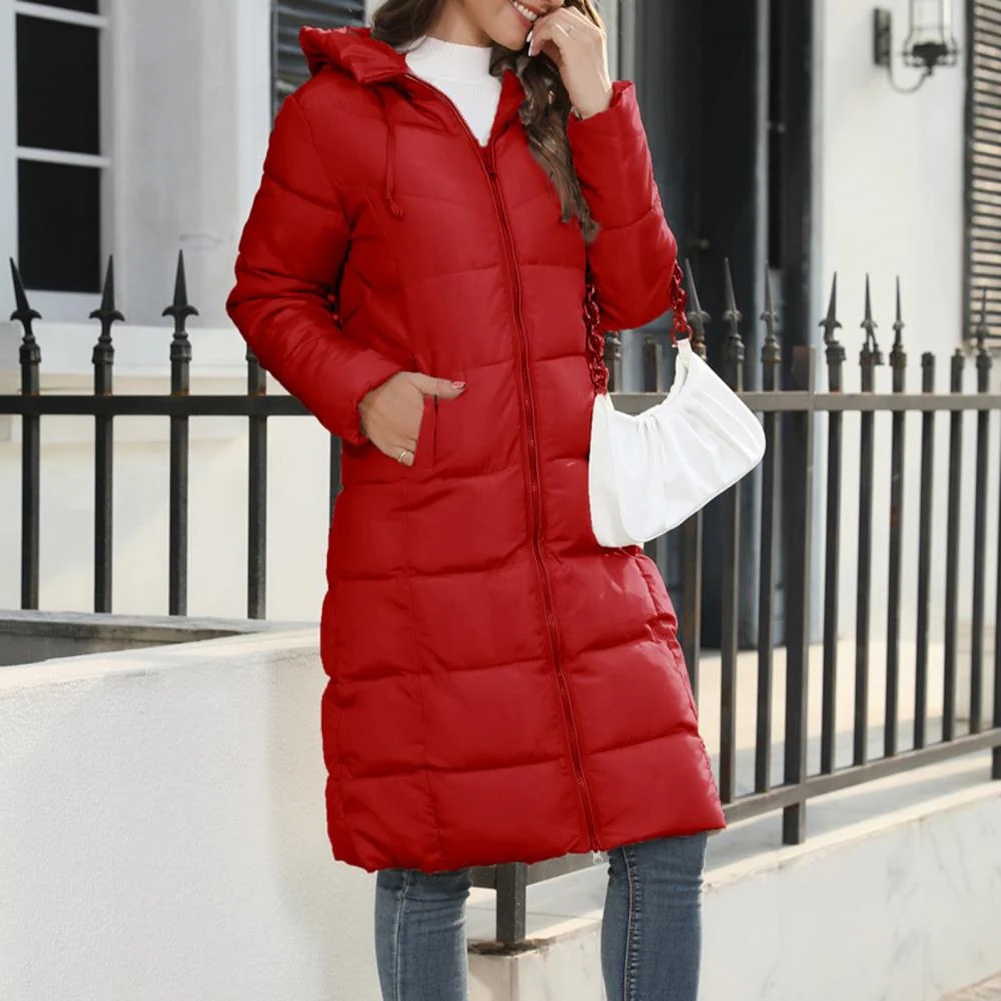 Belro ladies' hooded long down jacket, stylish winter coat with a quilted design and cozy hood, suitable for cold weather.