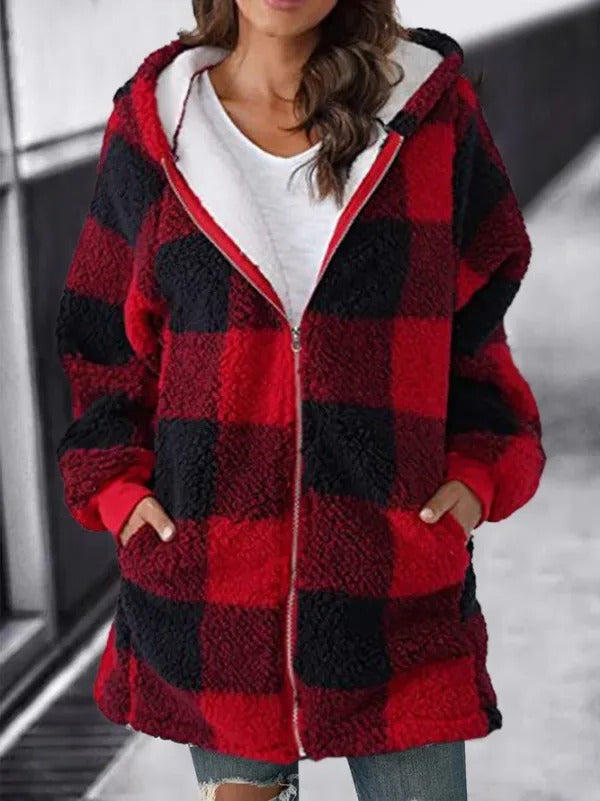 Women’s oversized plaid hoodie overcoat by Belro, featuring a loose fit and activewear style, shown in a cozy, casual look.
