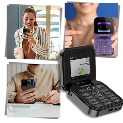 Belro dual SIM small folding cell phone open showing keypad and screen, compact portable electronics device
