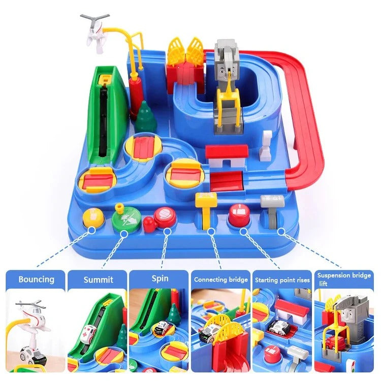 Children’s Belro mechanical vehicle track game with colorful cars and track pieces for imaginative automotive play.