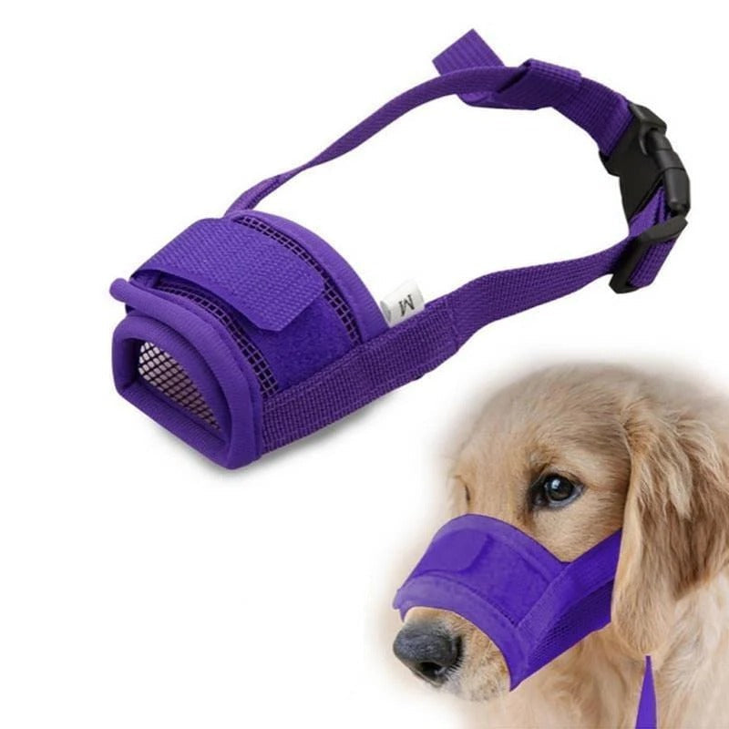 Belro adjustable soft dog biting muzzle cover for pet safety, shown on a dog in a pet supplies setting.