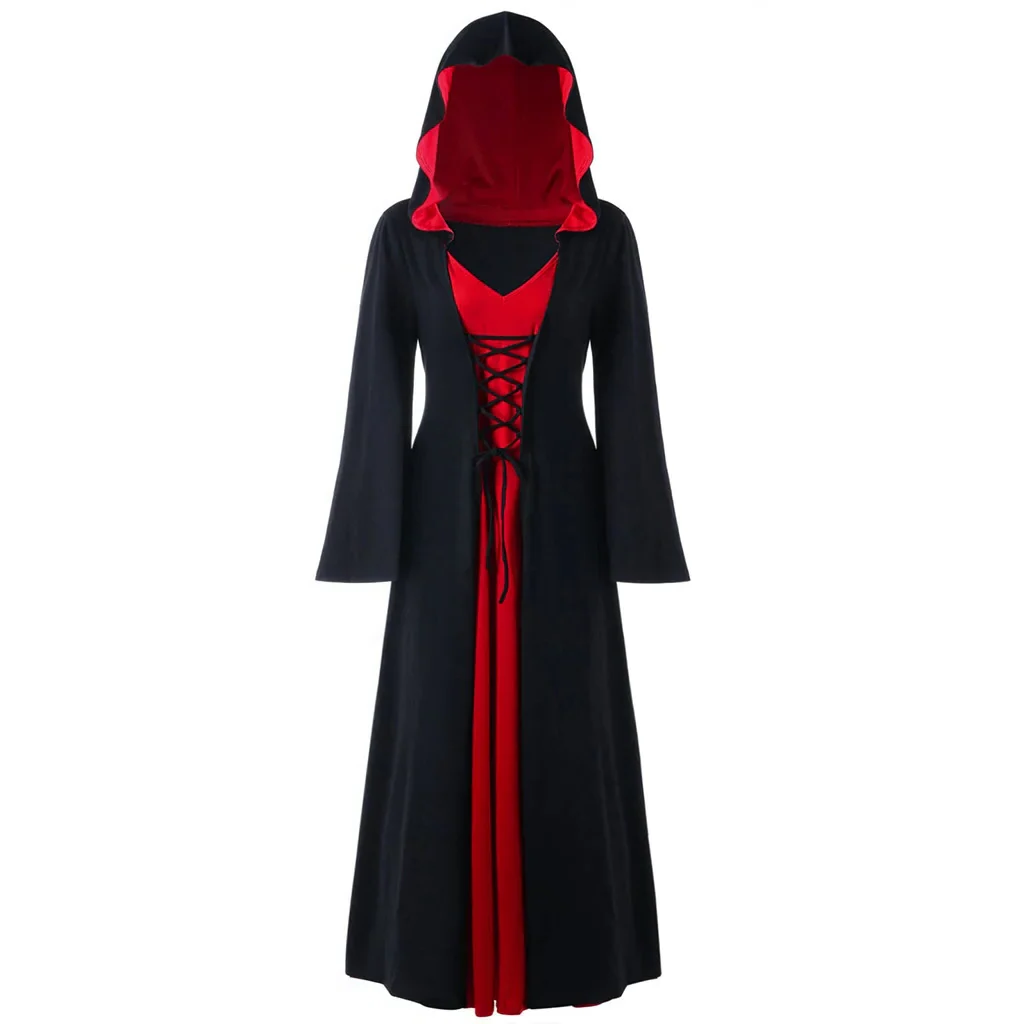 Belro medieval vampire witch dress for women featuring lace-up hooded cloak and robe with intricate details.