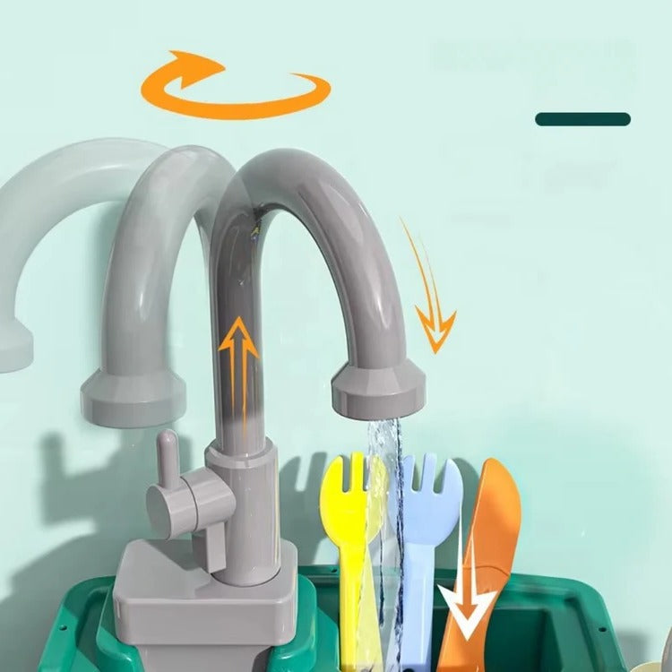 Children’s Play Kitchen with flowing water feature by Belro, featuring realistic kitchen appliances and playful water elements.