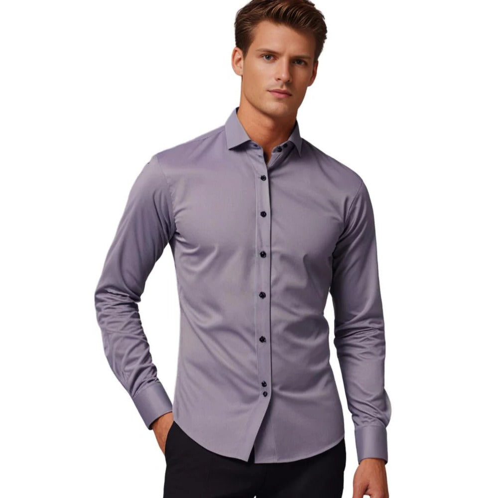 Men's Belro stretch shirt with a classic collar and long sleeves, shown in a close-up front view.