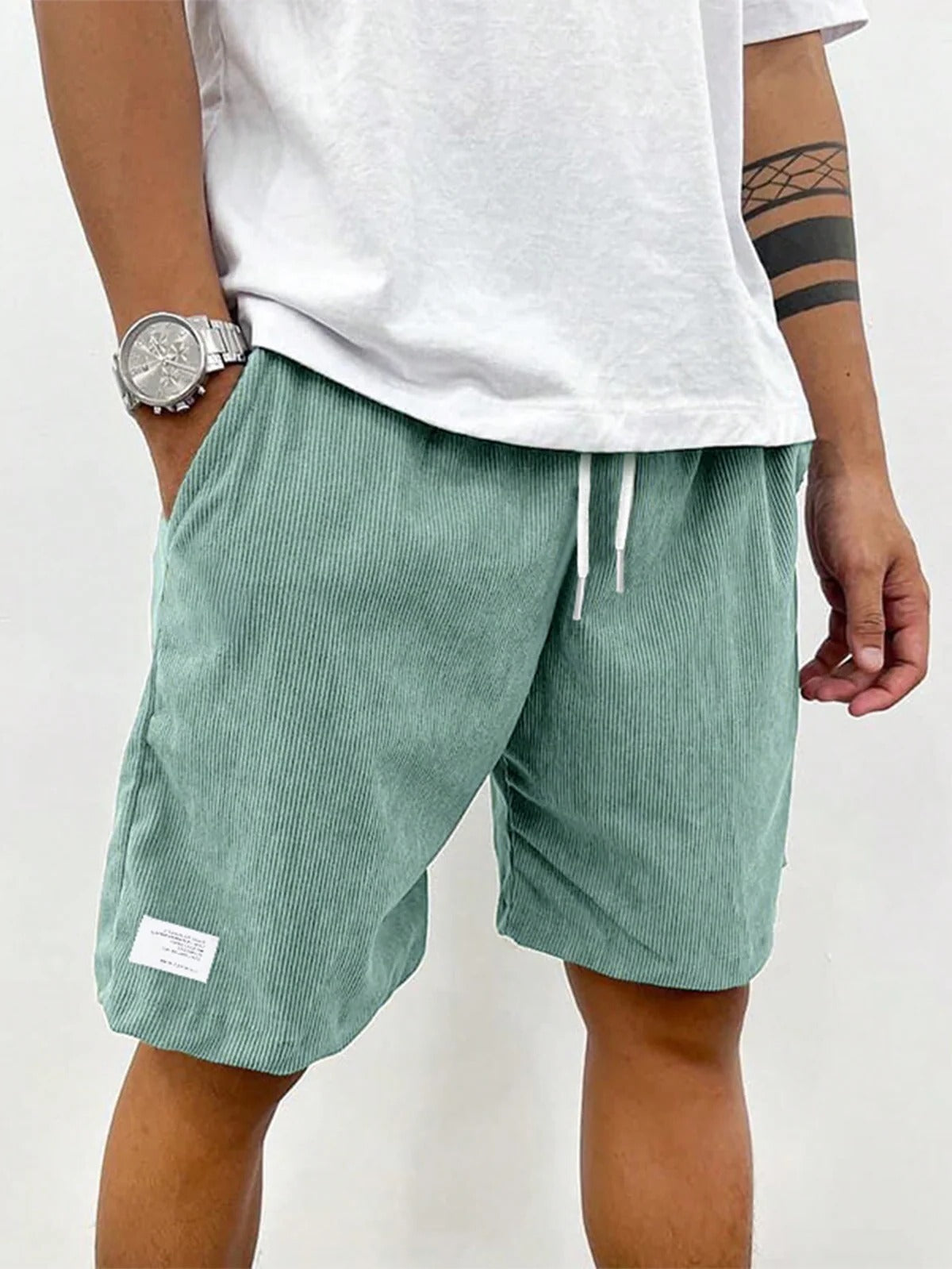 Men's Belro corduroy leisure shorts in khaki, front view showing relaxed fit and classic design.