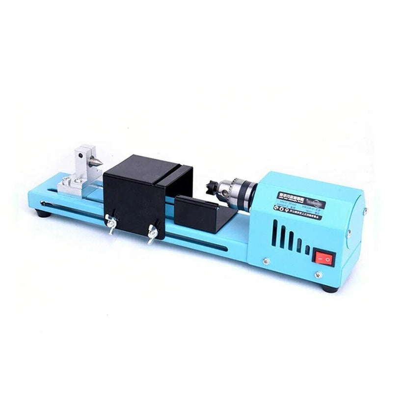 Belro Mini Wood Lathe Machine for woodworking projects, showing the compact tool with spinning wood piece and control knobs.