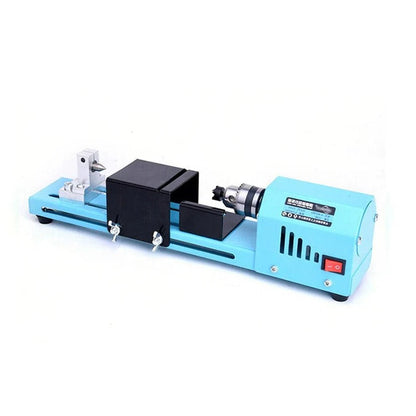 Belro Mini Wood Lathe Machine for woodworking projects, showing the compact tool with spinning wood piece and control knobs.
