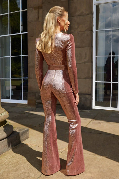 Men's Belro sequin long-sleeved jumpsuit with shiny, eye-catching sequins and a fitted design, perfect for stylish evening wear.