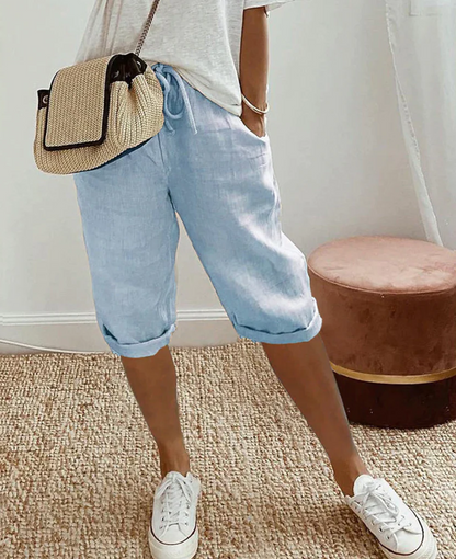 Belro women's linen-look knee breeches, fashionable leggings with a stylish, textured appearance, perfect for casual or chic outfits.