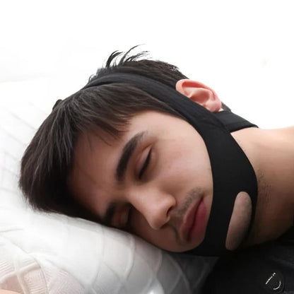 Belro full head chin strap for snoring relief and sleep apnea support, shown worn comfortably during night use.