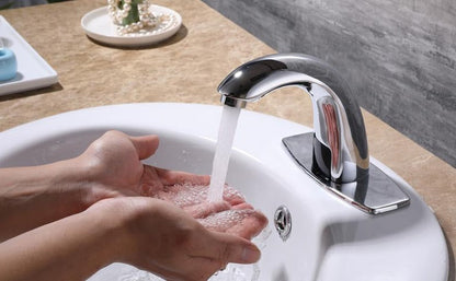 Belro automatic touch-free sensor faucet with sleek design, mounted on a bathroom sink for hands-free water control.