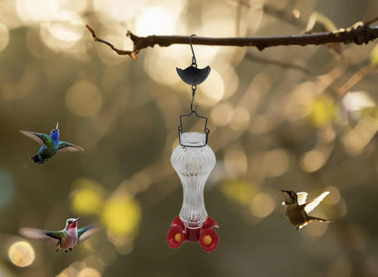 Belro Flowers Glass Hummingbird Feeder with Ant Moat, decorative outdoor garden decor with colorful glass flowers and feeding ports.