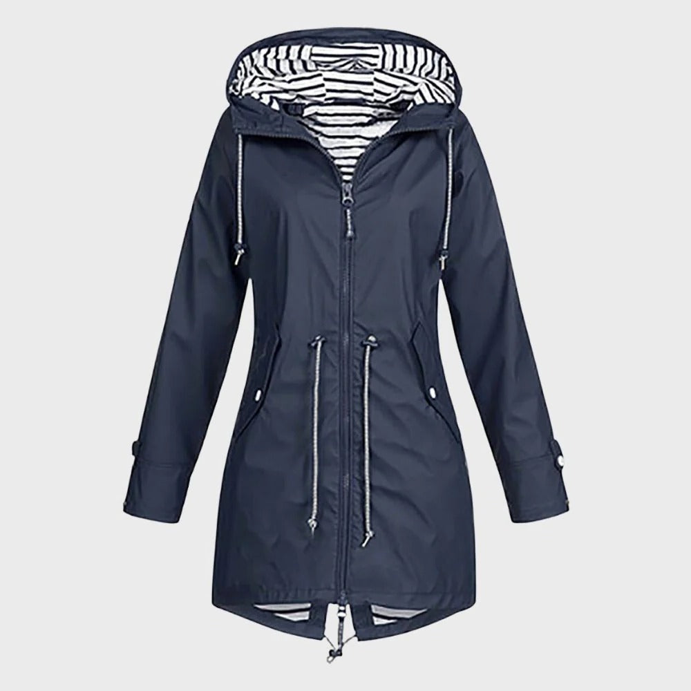 Belro long women's rain jacket with waterproof fabric, hood, and zipper closure, designed for outdoor protection in wet weather.