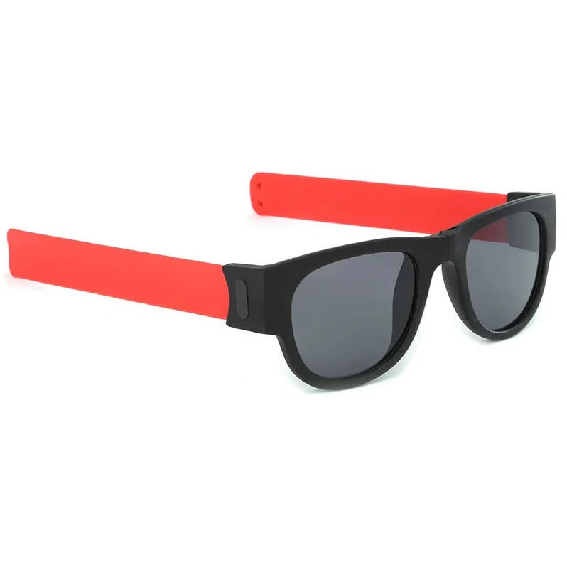Belro folding slap sunglasses with black frames and dark lenses, compact and stylish eyewear accessory.