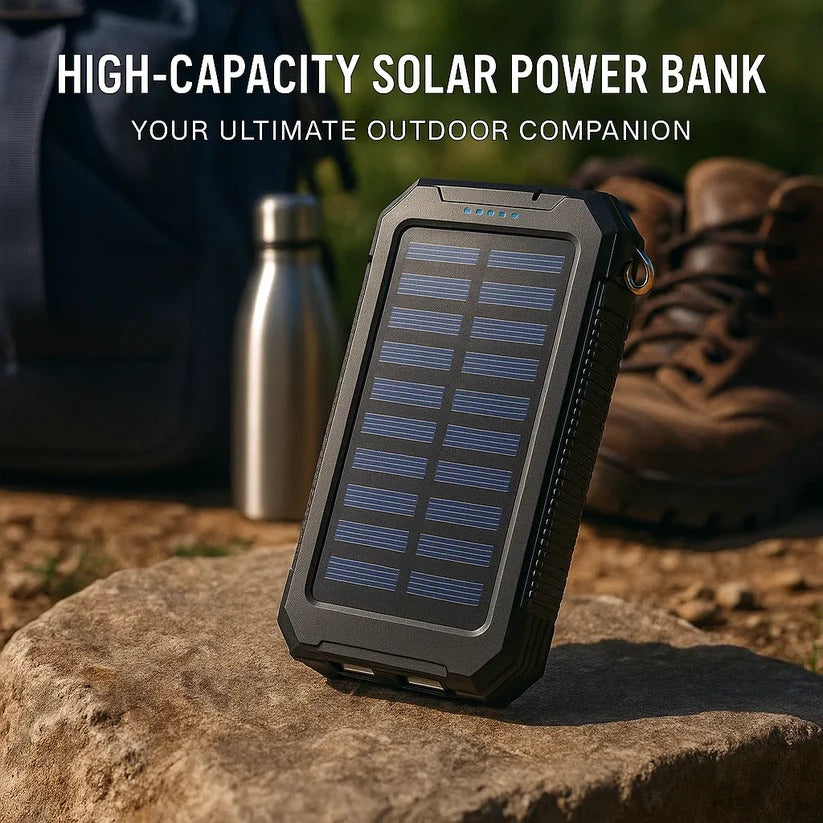 Belro 500000mAh waterproof solar power bank with multiple USB ports for portable charging on electronics.