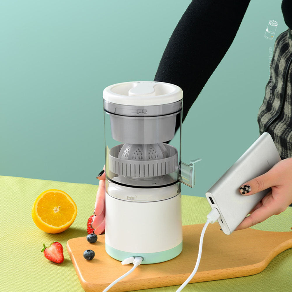 Belro USB charging portable juicer shown on a kitchen countertop, compact design with blending jar and charging port visible.