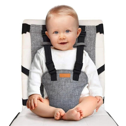 Belro compact travel high chair with adjustable harness, shown as a portable baby feeding accessory in a neutral setting.