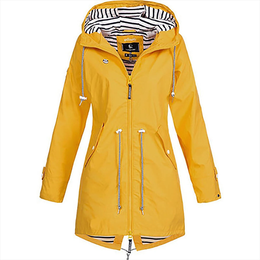 Long elegant Mackintosh rain jacket for women by Belro, featuring a tailored design and classic waterproof style.