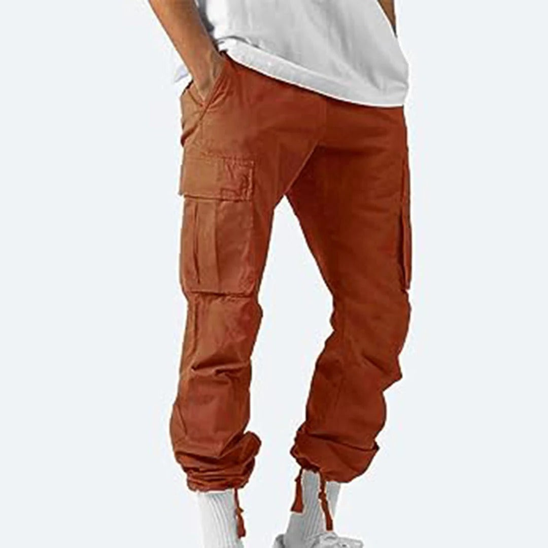 Belro men's cargo pants with multiple pockets, made from durable fabric, shown on a model in a casual outdoor setting.
