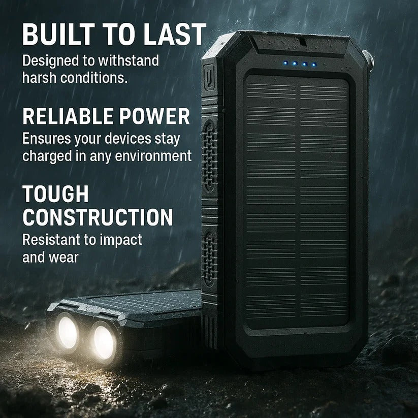 Belro 500000mAh waterproof solar power bank with multiple USB ports, outdoor-ready portable charger for electronics and devices