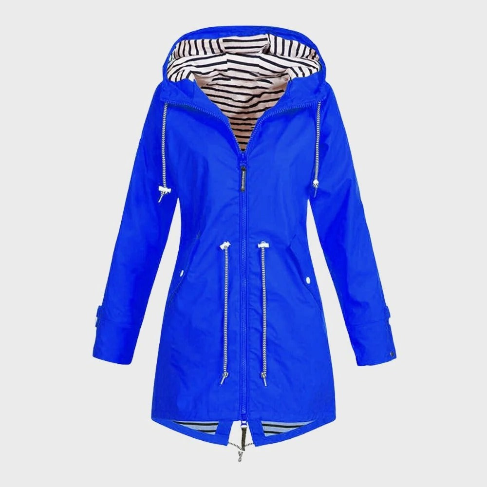 Belro long women's rain jacket with hood, waterproof and lightweight, perfect for rainy weather and outdoor activities.