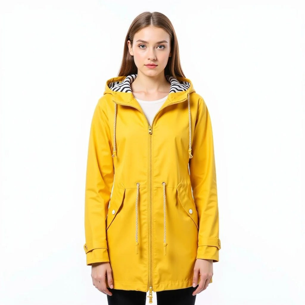 Long elegant Belro Mackintosh rain jacket for women, stylish waterproof outerwear with a tailored fit and classic design.