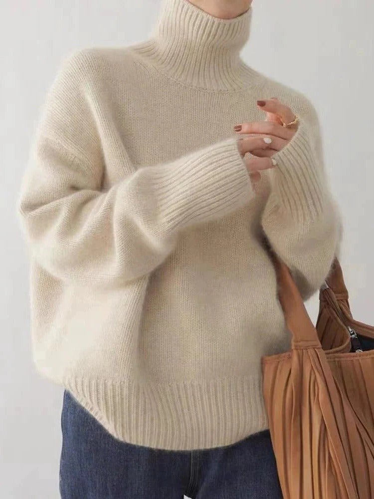 Belro merino wool turtleneck sweater in warm, comfortable knit, featuring a close-up of the cozy collar and textured fabric.