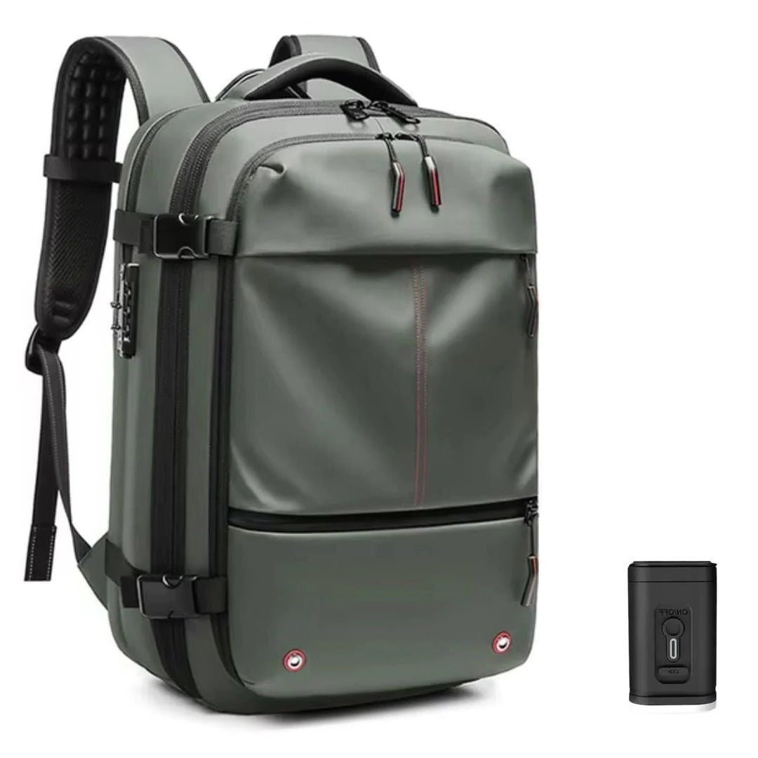 Belro vacuum travel backpack with compression wear design, shown open with clothing packed inside for efficient travel storage.