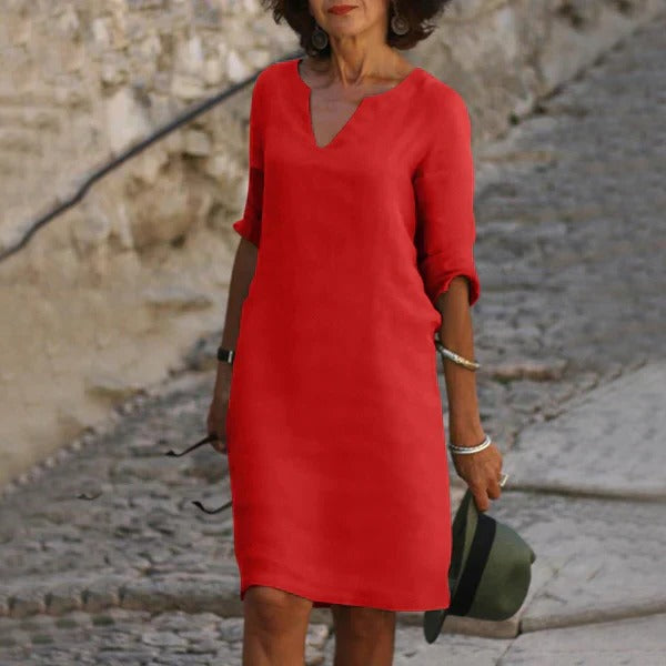 Belro V-neck three-quarter sleeve dress displayed on a hanger, showcasing a stylish, casual clothing dress for women.