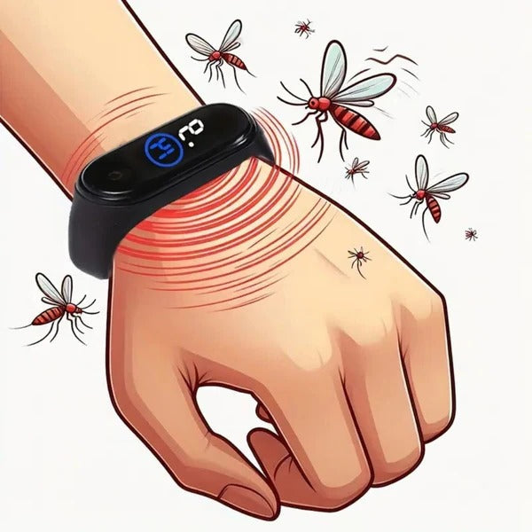 Belro mosquito repellent wristband worn on a person's wrist, designed as a lightweight outdoor accessory for bug protection.