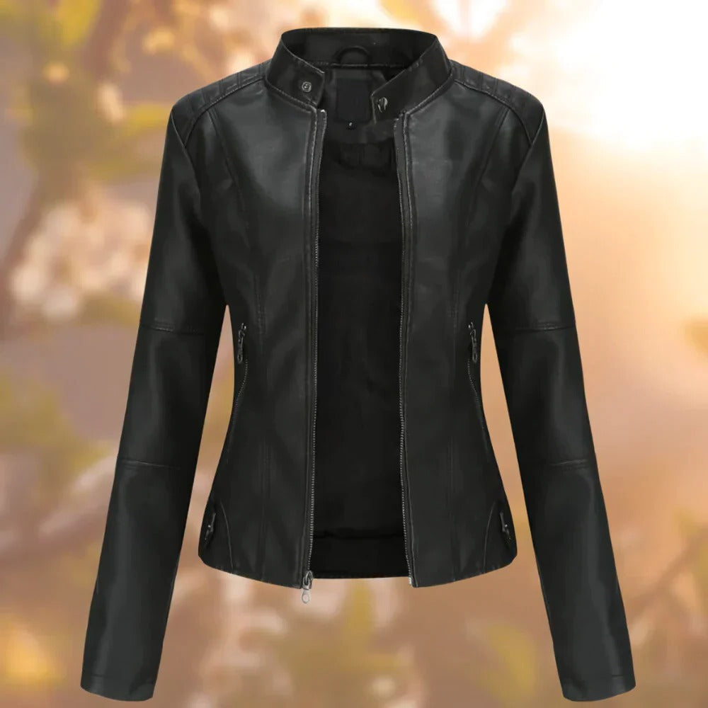 Belro women's leather jacket displayed on a hanger, featuring a classic design with a smooth finish and stylish collar.
