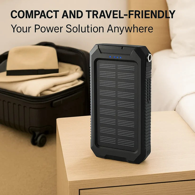 Belro 500000mAh waterproof solar power bank with USB ports, rugged external power bank for outdoor charging, black design.