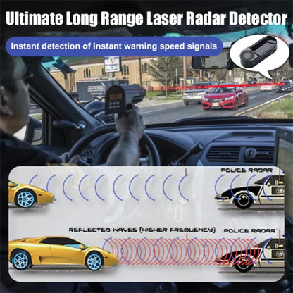 Belro Ultimate Radar Detector mounted in a vehicle, showcasing its sleek design and display screen for automotive radar detection.