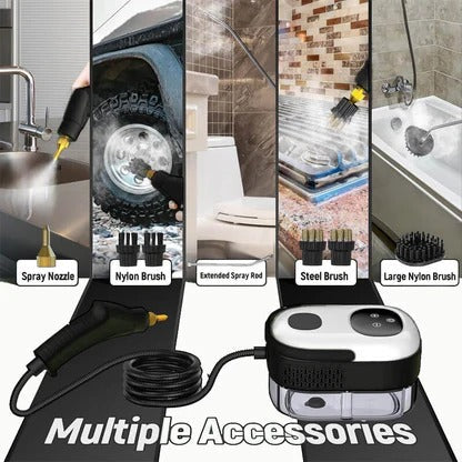 Belro high-pressure steam cleaning tool for outdoor use, showing a handheld device with a hose and nozzle in a home and garden setting.