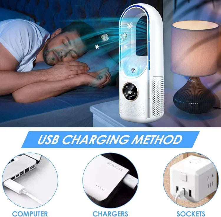 Belro blade-free silent portable air conditioner for home and office, compact outdoor cooling device with sleek design
