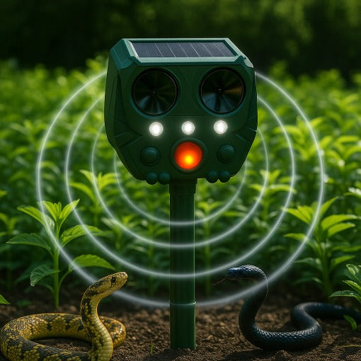 Belro ultrasonic solar snake repeller in outdoor garden setting, showing solar panel and device designed for pest control.