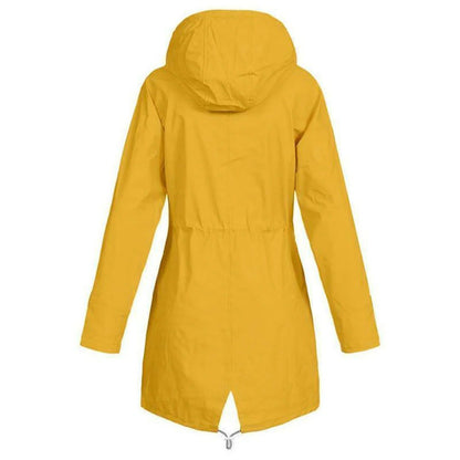 Long elegant Belro rain jacket for women, stylish waterproof Mackintosh with a fitted design and classic silhouette.