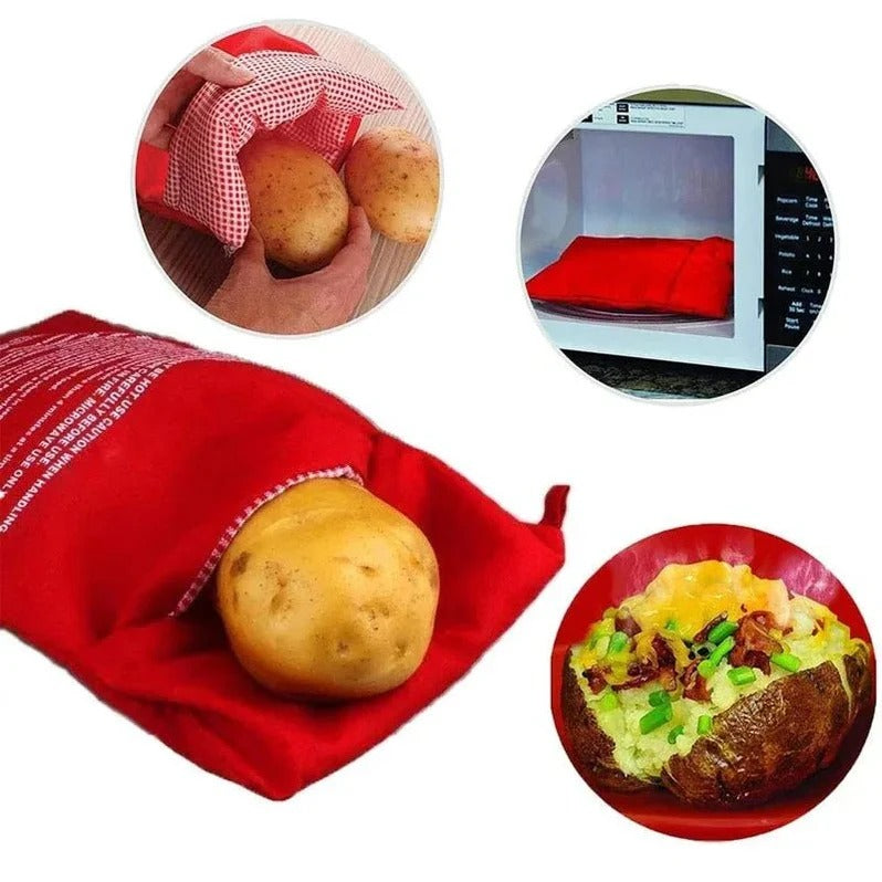 Belro microwave potato bag for easy cooking, shown in use with a potato inside, made of heat-safe fabric for convenient microwave preparation.