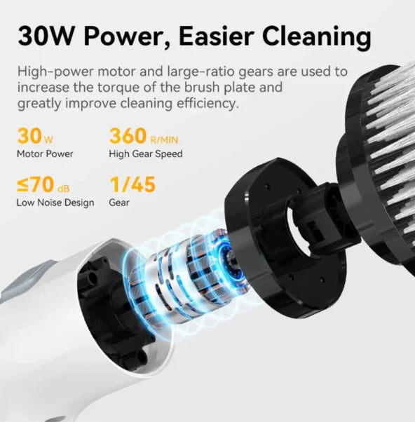 Belro rechargeable electric scrubber for home and outdoor cleaning, shown with brush attachments in use.