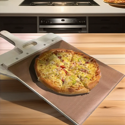 Belro sliding pizza peel for easily transferring and serving homemade pizza on a wooden surface.
