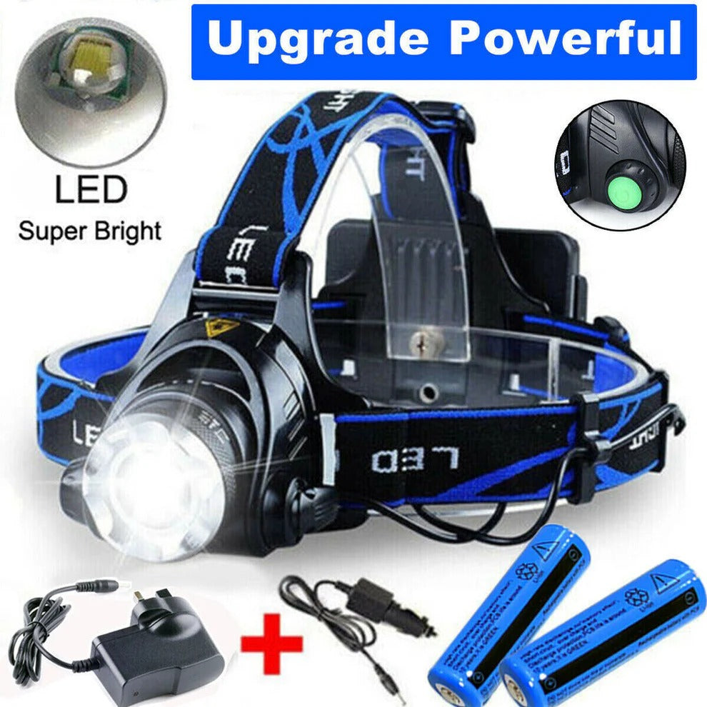 Belro 990000LM rechargeable LED headlamp with adjustable straps and bright white light, suitable for outdoor and work activities.