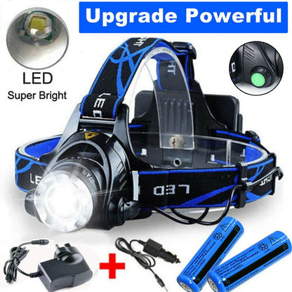 Belro 990000LM rechargeable LED headlamp with adjustable straps and bright white light, suitable for outdoor and work activities.
