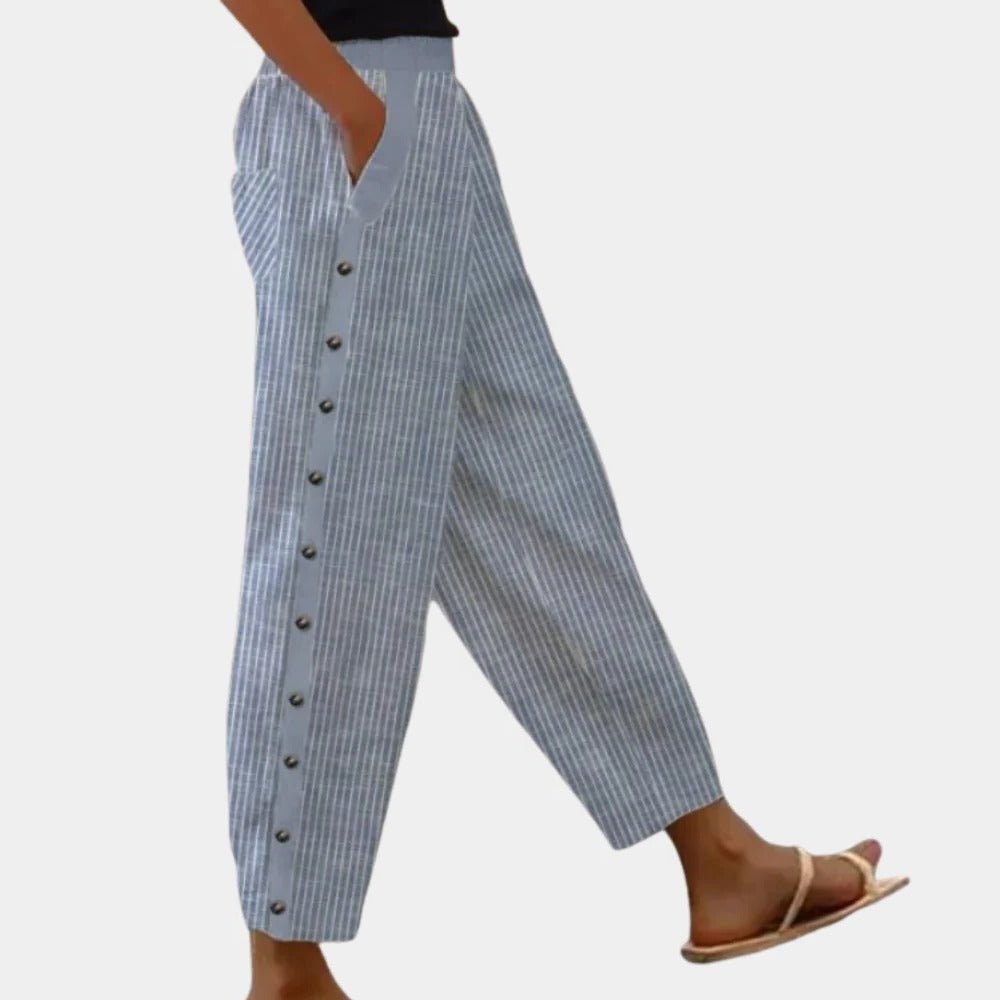 Belro stylish chic striped women's trousers shown on a model, featuring a modern fit and bold stripe pattern for fashionable wear.
